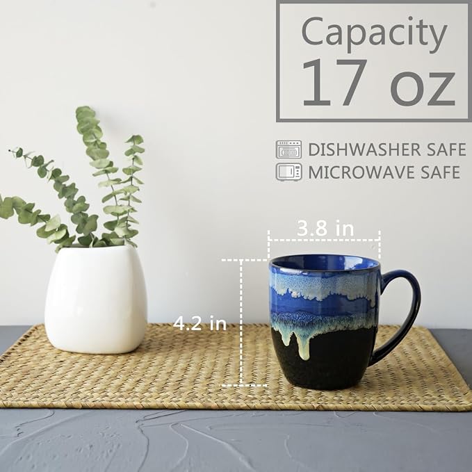 Bosmarlin Ceramic Coffee Mug Set of 4, 17 Oz, Coffee Cups with Big Handle, Microwave Safe, Unique Reactive Glaze (17 Oz, Blue) - Image 2