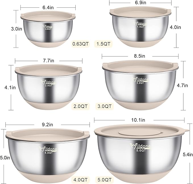 Wildone Mixing Bowls with Airtight Lids, Stainless Steel Mixing Bowls Set | Metal Bowls with 3 Grater Attachments & Non-Slip Bottoms, Size 5, 4, 3, 2,1.5, 0.63QT, Includes Utensil Set for Prep, Khaki - Image 2