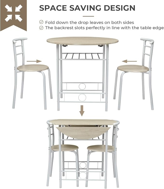 VINGLI 31.5" Drop Leaf Dining Table Set for 2, 3 Pieces Dining Table with Chair for Small Space, Small Kitchen Extendable Folding Dining Table for Dining Room，Home, Apartment, Saving Places, White Oak - Image 6