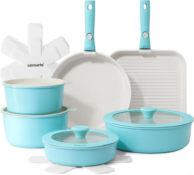 SENSARTE 17 Piece Ceramic Detachable Handle Pots and Pans Set Turquoise | Ceramic Cookware Set, Induction Cookware Set with Removable Handle, Healthy Non Stick for RV, Dishwasher ＆ Oven Safe by SENSARTE
