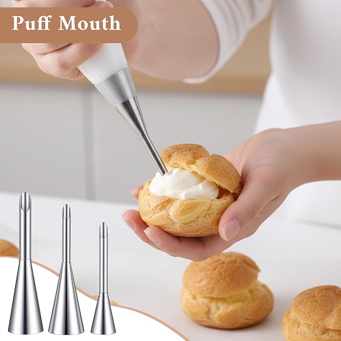 3Pcs Puff Cream Filling Piping Tips with 50 Pcs Disposable Piping Bags Stainless Steel Piping Nozzle Tips with 1 Tip Cleaning Brush Puff Pastry Filling Cake Decorating Tools for Filling Donuts Cream