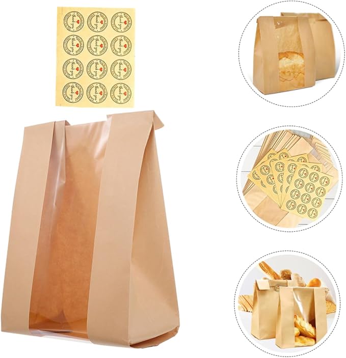1set Paper Bread Bags Window and Thank You Stickers for Bakery Packaging Oilproof and Design for Homemade Breads and Baked Goods - Image 6