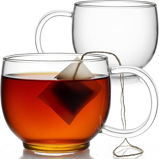 Aquach 16oz Glass Coffee Mugs Set of 2, Clear Borosilicate Tea Cups | Dishwasher & Microwave Safe, Single-walled, for Hot & Cold Beverages, Smooth Rim, Handle Comfort, Crystal Clear Transparency by Aquach