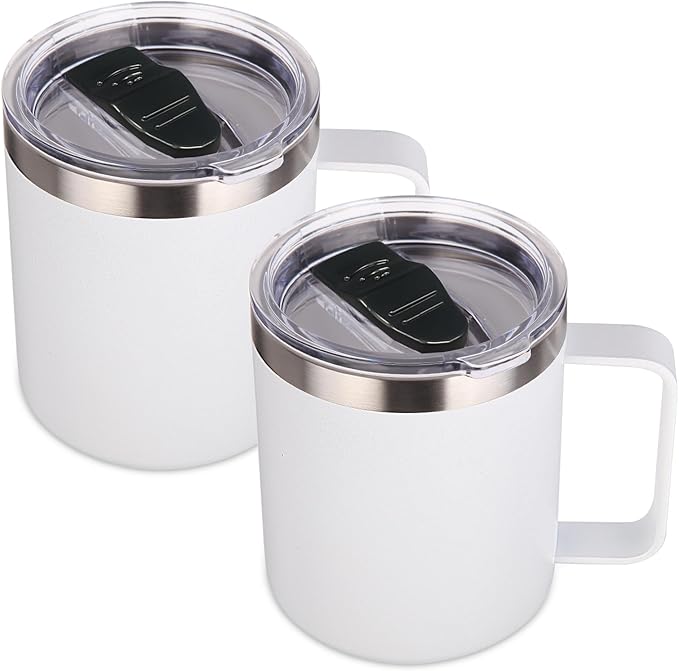 Volhoply 14oz Insulated Stainless Steel Coffee Mug with Lid Bulk 2 Pack,Double Wall Vacuum Travel Coffee Cup with Handle,Reusable Metal Cups Tumbler,Camping Mugs Keep Hot,Ideal Gifts(White,2) by LiveFully%EF%BC%8CDrinkFreely%E2%80%94KeepGoingwithVolhoply%EF%BC%81