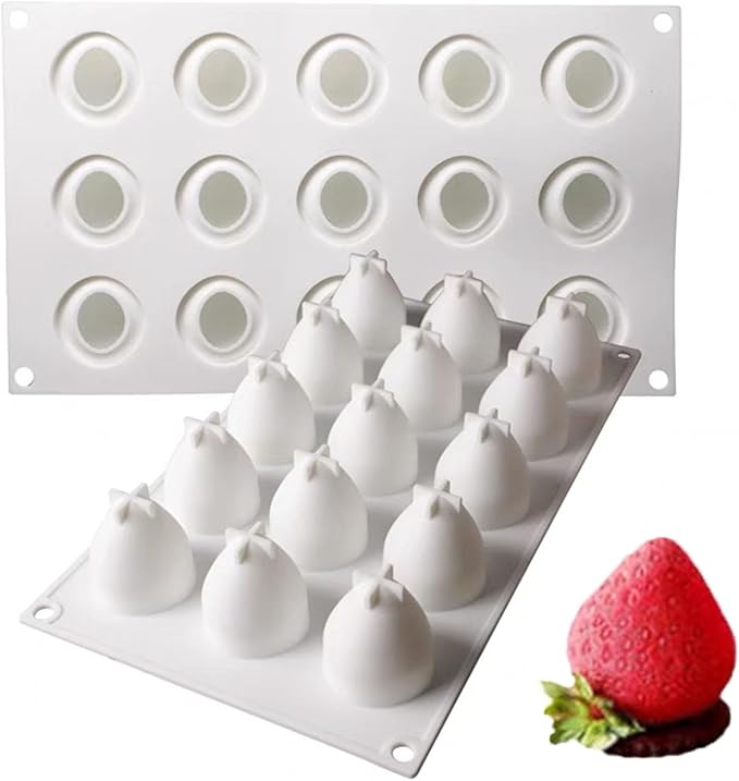 3D Strawberry Shape Silicone Baking Mold for Mousse Cake, French Dessert Mold for Pastry Chocolate, Reusable Non-Stick Easy Release(15-Cavity)