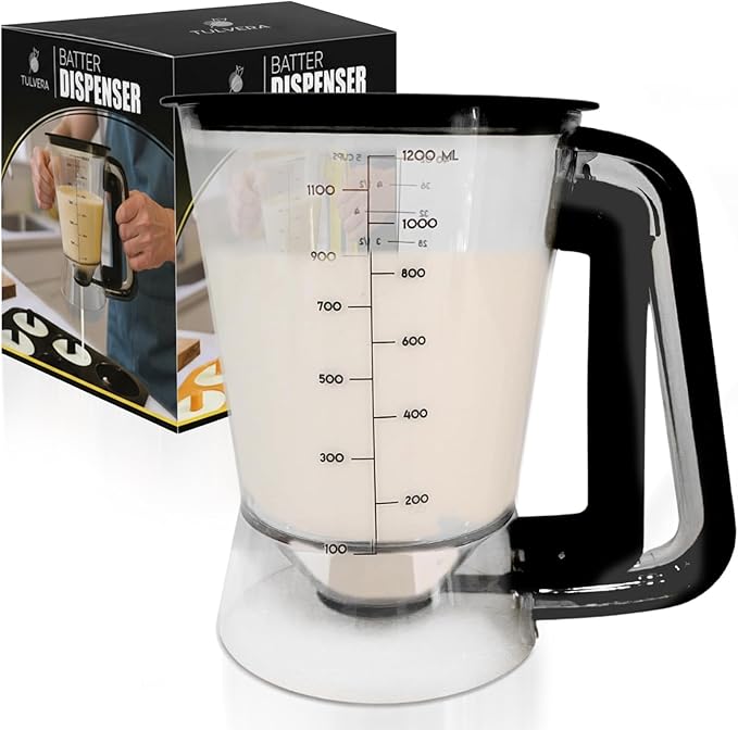 Pancake Batter Dispenser | 5-Cup Mix Pourer for Pancakes, Waffles, Crepes, Muffins, Cupcakes | Squeeze Handle, Portion Control Pitcher, Durable Drip-Free Design | Baking Accessories (Original Black) by Tulvera