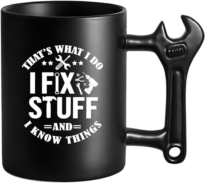 LOZACHE Funny Dad Coffee Mug with Wrench Handle – “That’s What I Do, I Fix Stuff And I Know” Mug for Men, Unique Father’s Day Birthday Graduation Gift for Him Dad Grandpa Husband Mechanic by LOZACHE