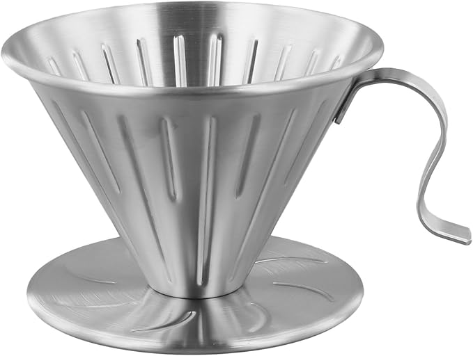 304 Stainless Steel Coffee Dripper with Holder, Reusable Pour Over Filter Cone for Mugs and Jugs, Food Grade Coffee Strainer Cup with Ergonomic Handle, Silver