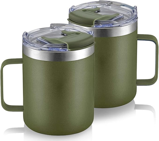 12oz Insulated Travel Coffee Mug with Handle, Army Green, 2 Pack | Stainless Steel Coffee Tumbler with Lid, Double Wall Vacuum Thermal Cup for Camping by ALOUFEA