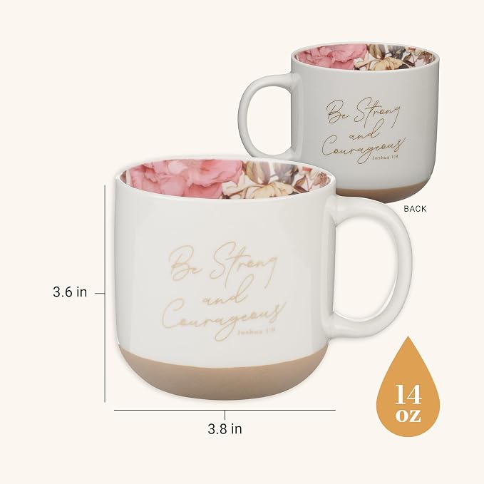 Christian Art Gifts Ceramic Floral Coffee Mug for Women: Strong & Courageous Bible Verse, Encouraging Gift for Women, Novelty Cup, Clay Base, Sturdy Handle, White & Gold, 14 oz. - Image 2