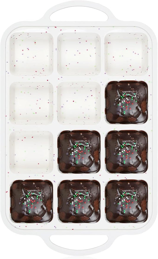 Vinino Silicone Brownie Pan With Dividers, 1 Pack Mini Loaf Pan for Baking Individual, Nonstick 12 Cups Square Muffin Cupcake Pans with Metal Reinforced Frame-Cream
