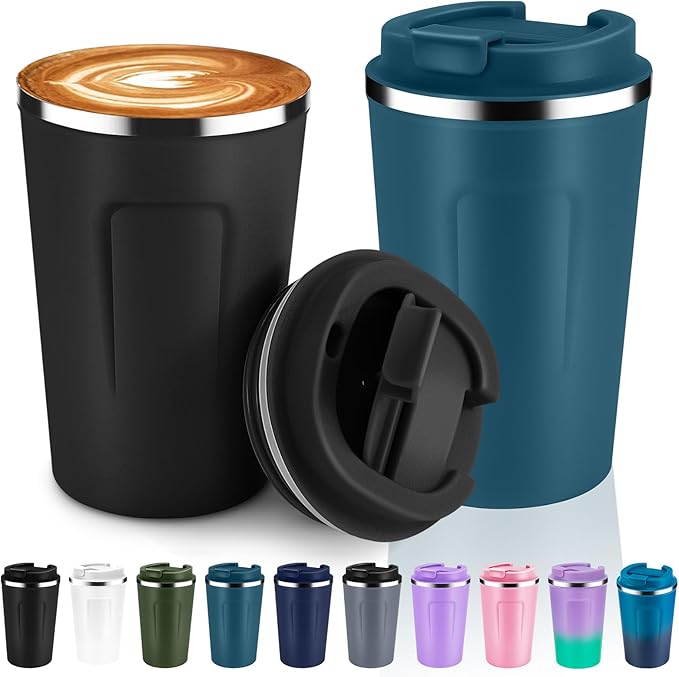 Volhoply 12 oz Double Wall Insulated Vacuum Travel Coffee Mug with Flip Lid Bulk 2 Pack,Reusable Stainless Steel Leak Proof Coffee Cup,Portable Thermal Tumbler for Cold&Hot Drinks(Assort Color,2 Set) by LiveFully%EF%BC%8CDrinkFreely%E2%80%94KeepGoingwithVolhoply%EF%BC%81