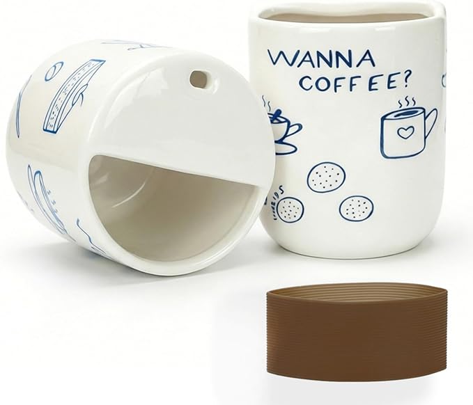 Ceramic Travel Mug with Half Lid, Funny Blue Pattern Ceramic Coffee Mug with Sip Hole, 12oz Ceramic To Go Cup, Unique Gift for Coffee Tea Lovers by KOIMYSA