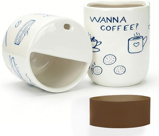Ceramic Travel Mug with Half Lid, Funny Blue Pattern Ceramic Coffee Mug with Sip Hole, 12oz Ceramic To Go Cup, Unique Gift for Coffee Tea Lovers by KOIMYSA