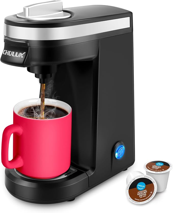 CHULUX Mini Single Serve Coffee Maker for K Pod, Brew Up to 12oz Cup, Black | Fast-Heating Boiler System, Single Cup Brewing, Portable Compact Design, Four-Hole Multi-Stream Needle, Adjustable Drip Tray by CHULUX