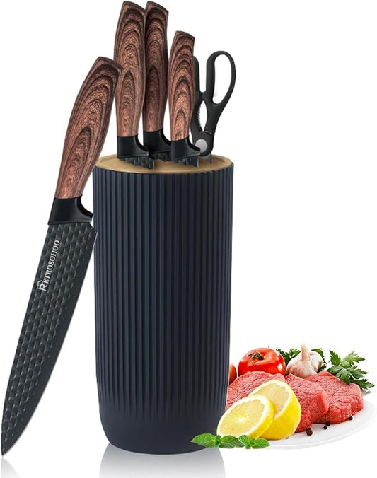 Kitchen Knife Set, Retrosohoo 6-Pieces Khaki Sharp Knife Block Set for Kitchen, Non-stick Non-slip Stainless Steel Chef Knife Set with Universal Knife Block Suitable for Home Restaurant (Black) by RETROSOHOO