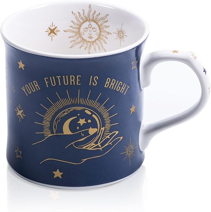 Blue Celestial Coffee Mug, "Your Future is Bright" Inspirational Theme Ceramic Mug, 12 oz New Bone China Mug with Tarot Symbols of Sun, Moon & Stars, Designed in England by Harvest Green Studio by MFoffice