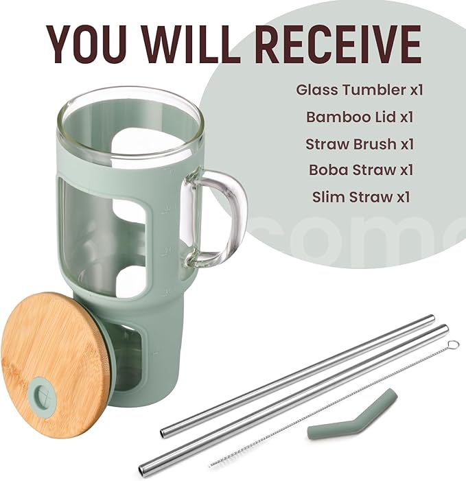 COMOOO 40oz Glass Tumbler with Bamboo Lid and Straw, Olive