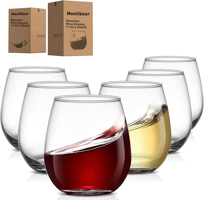 Meolibour® Large Stemless Wine Glasses Set of 6, 17 Ounces Red & White Wine Glasses Tumbler for Party, Clear Drink Glasses, Ideal Wine Accessories Gift, Lead-free, Dishwasher Safe by Unknown