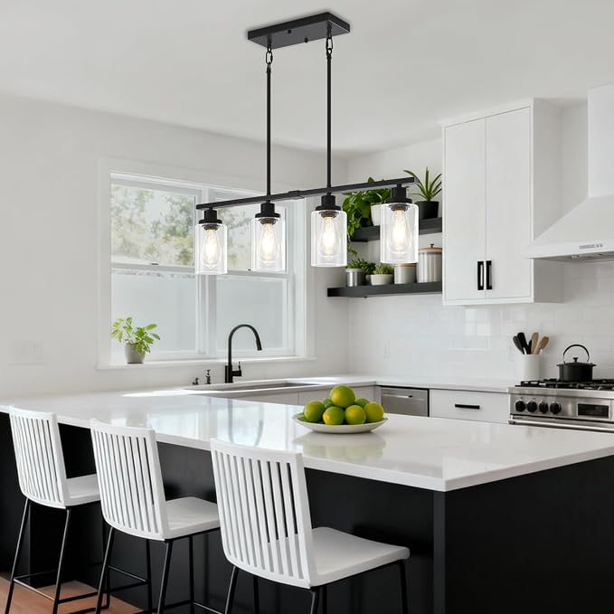 Modern Island Lights for Kitchen Black Dining Room Light Fixtures | 30'' Linear Chandelier Over Table, 4-Light Farmhouse Kitchen Island Lighting Clear Glass Shades, Adjustable Height - Image 7