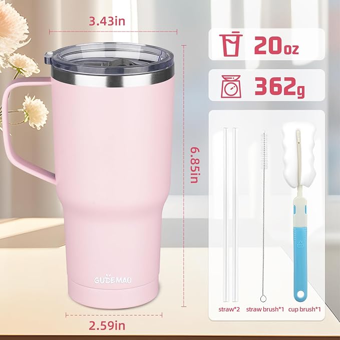 20 oz Insulated Coffee Mug with Ceramic Coating, Stainless Steel Travel Mug Tumbler with Handle Lid and Straw, Double Wall Leak-Proof Coffee Travel Mug Keeps Drink Hot and Cold (Pink) - Image 2