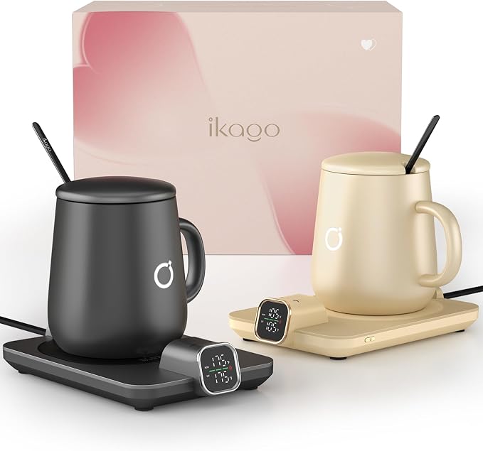 Coffee Cup Warmer & iKago Mug Set, 1℉ Precise Temp Control Mug Warmer | Auto Shut Off, Infrared Sensor, Dual Temp Display, ℉/℃ Optional, 15oz Mug with Spoon & Lid Included, Gifts for Men Women by ikago