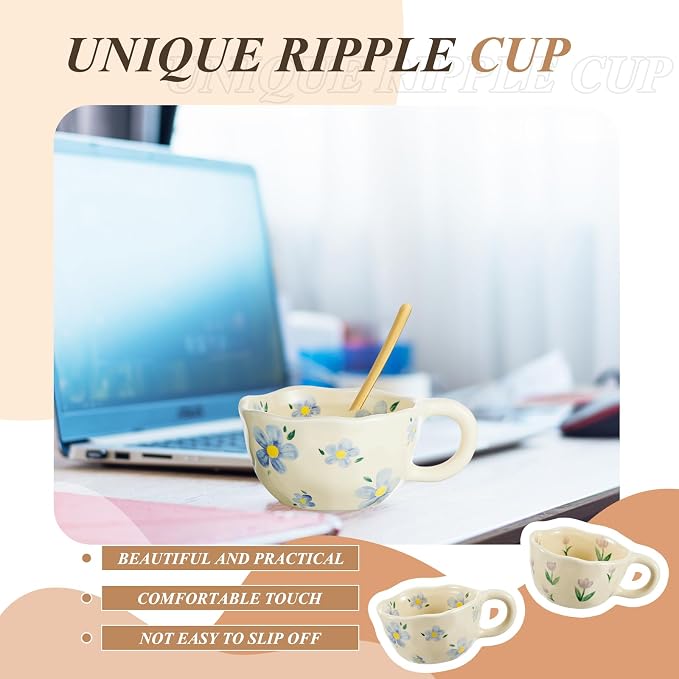 Vesici 2 Pcs Ceramic Coffee Mugs with Spoon, Vintage Floral Spring Mugs with Handle, 8.5 oz Aesthetic Flower Porcelain Tea Cup Set, Dishwasher & Microwave Safe Mothers Day Gifts for Mom(Vibrant) - Image 5