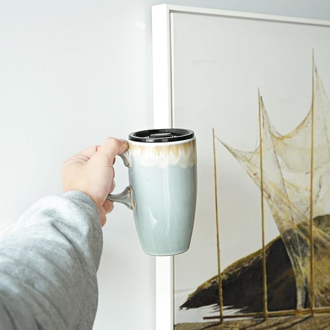 Bosmarlin Ceramic Travel Coffeel Mug with Handle and Lid, 18 oz, Portable Coffee Cup for Car Cup Holder, Microwave and Dishwasher Safe, Reactive Glaze (Light Grey Blue) - Image 6