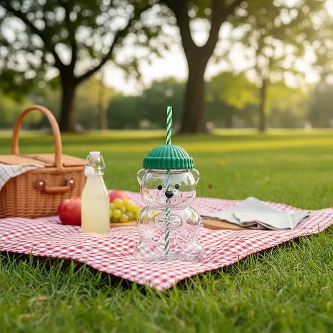 2025 New Bear Straw Glass Cup, 20oz Cute Glass Mug with Straws for Coffee, Juice, Milk and Tea, Leak-Proof Lid, BPA-Free (1 PC)