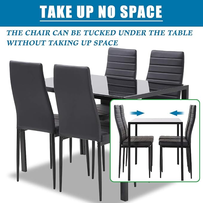 FDW | 5-Piece Dining Table Set | Black | Glass Kitchen Table | With 4 Upholstered Chairs and Faux Leather Cushions | Space-Saving and Modern Design | Easy to Assemble | for Dining Room - Image 3