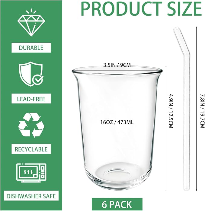 Cheardia 6 Pack Drinking Glasses, 16 OZ Clear Highball Glasses with Glass Straws, Crystal Versatile Glassware Set for Juice Coffee Cocktail Home Restaurant Party, Dishwasher Safe, Lead-Free - Image 2