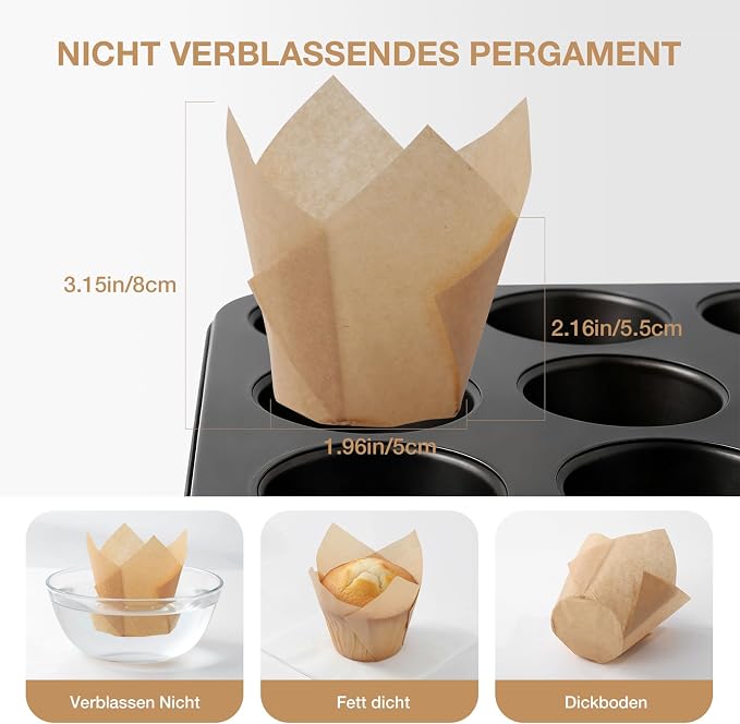 200pcs Tulip Cupcake Liners, Standard Greaseproof Paper Baking Cups Muffin Liners Holders Perfect for Bridal Showers, Baby Showers, Birthday Parties, Banquets, and Catering Events (Natural) - Image 2