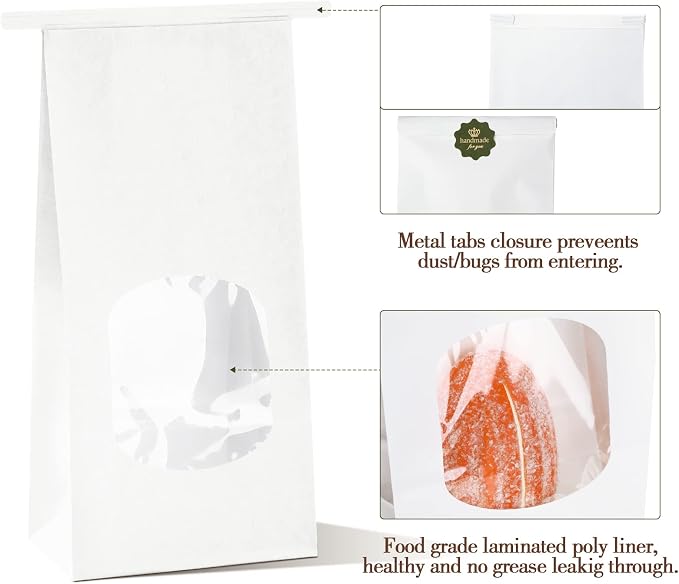 Tenare 50 Pieces White Bakery Bags with Window Kraft Paper Bags Christmas Tin Tie Tab Lock and 60 Pieces Adorable Handmade Label Seal Stickers Window for Xmas Coffee Cookie Treat, 4.5 x 2.56 x 9.6" - Image 4