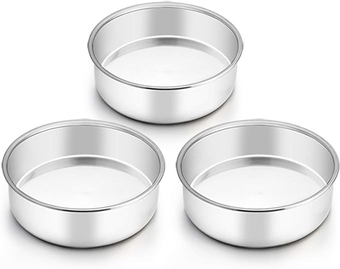 TeamFar 6 Inch Cake Pan, Stainless Steel Round Smash Cake Pan Baking Pans | Set of 3, Tier Cake Baking Pans, Fit in Pot Pressure Cooker Air Fryer, Healthy, Non-Toxic, Mirror Finish, Dishwasher Safe by TeamFar