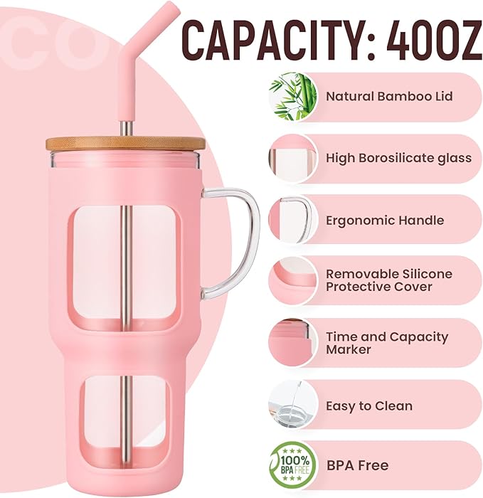 COMOOO 40oz Glass Tumbler with Bamboo Lid and Straw, Glass Water Cup with Handle, Iced Coffee Drinking Cup with Silicone Sleeve, Glass Water Bottle Dishwasher Safe, Cup Holder Friendly, Pink