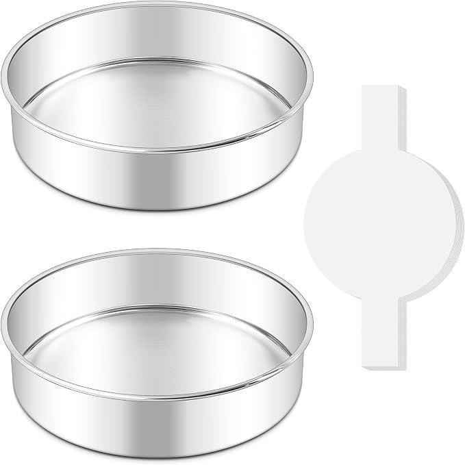 LIANYU 8 Inch Round Cake Pan Set, Baking Pans with 60 PCS Parchment Paper | Pure Stainless Steel, 2 Piece Metal Circle Layer Cake Tins for Birthday Christmas Party Wedding, Oven & Dishwasher Safe by LIANYU