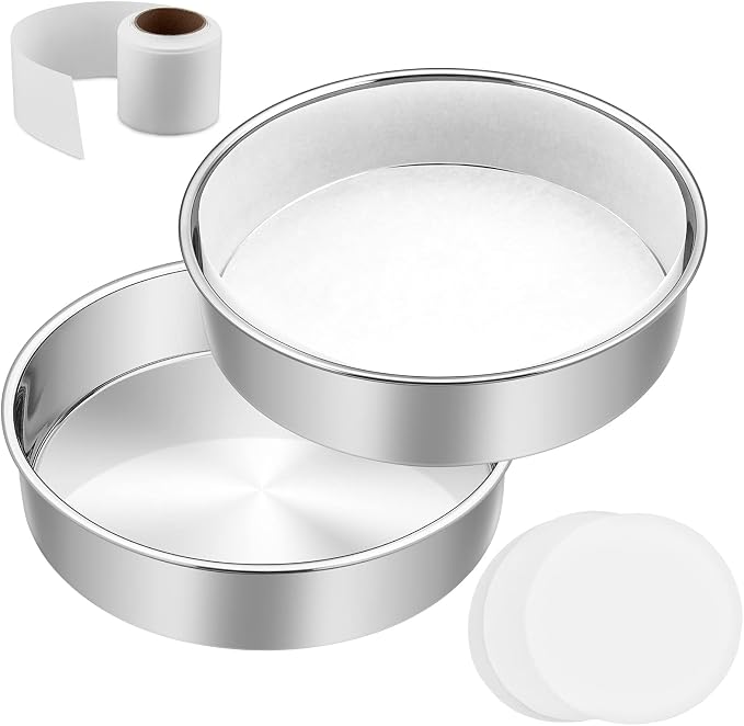 E-far 9½ Inch Cake Pan Set of 2, Stainless Steel Round Layer Cake Baking Pans with Parchment Rounds & Side Liner Roll, Non-Toxic & Healthy Metal Cakes Tin, Straight Side & Dishwasher Safe by E-far