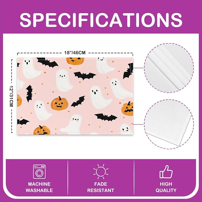 Feelyou Happy Halloween Placemats Set of 4 Pumpkin Lantern Ghost Table Mats for Party Kitchen Dining Decoration Holiday Seasonal Light Pink Orange Place Mat for Dinner Table Indoor Outdoor 18"x12" - Image 4
