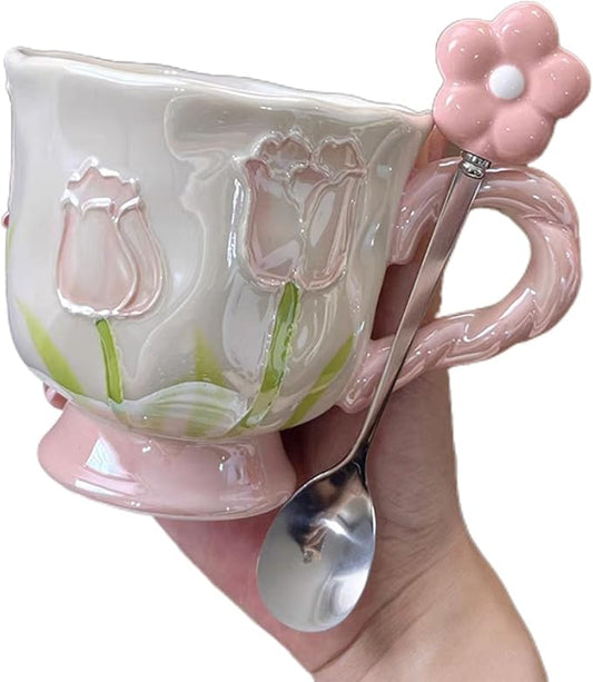 Ceramic Coffee MugEspresso Cup 14oz Pink Cute Flower withSpoon | novelty coffee mug，Glazed Ceramic Smooth Glossy Surface Lead ，Comes with Matching Spoon ，cute mugs for women by Unknown