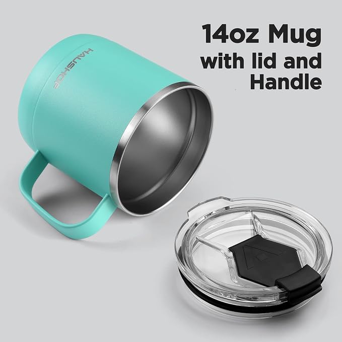 HAUSHOF 14 oz Coffee Mug, Insulated Coffee Mug with Handle, Travel Camping Cup, Portable Stainless Steel Coffee Cup, Insulated Coffee Cups with Lid, Lake Blue - Image 4