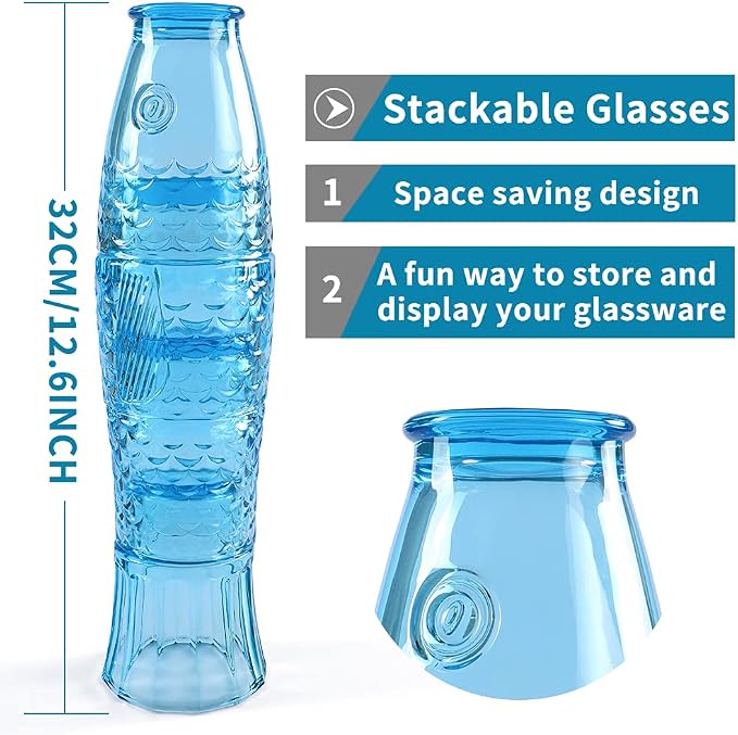 MDLUU Fish Design Tumbler Glasses, Stackable Drinking Glasses, Colored Glass Beverage Cups, Nautical Glassware for Gift, Set of 4 (Blue) - Image 4