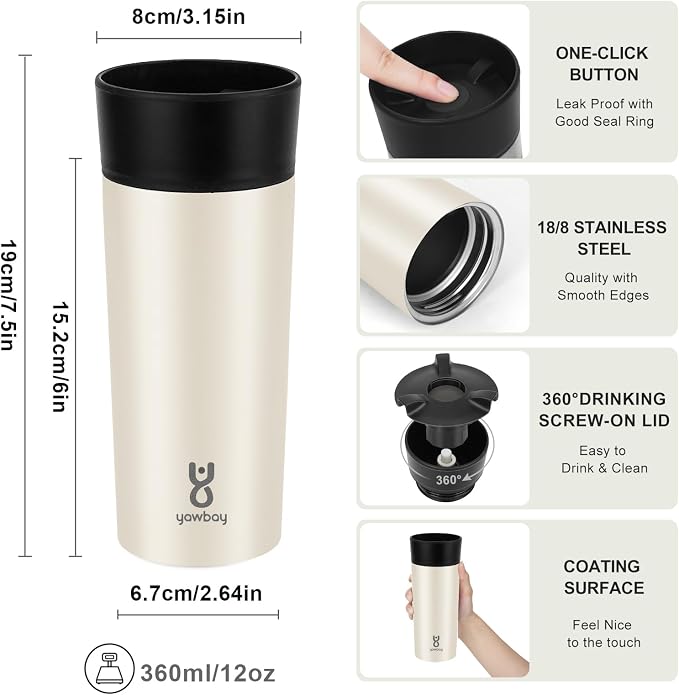 Travel Coffee Mug with 360°Lid, Travel Coffee Tumbler 12 oz Leak Proof, Stainless Steel Insulated Travel Mugs for Hot and Cold Spill Proof Leak Proof(Beige) - Image 5