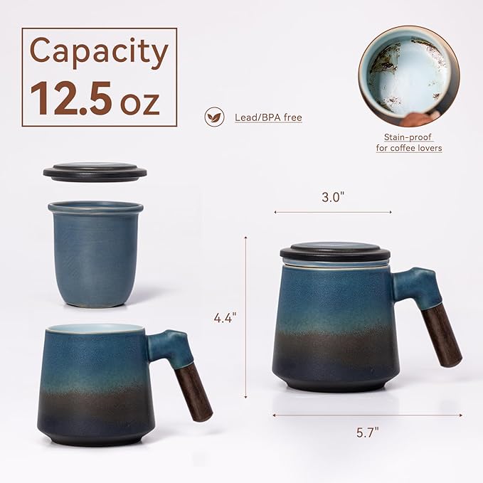 Ceramic Tea Mug with Infuser & Lid, 12.5oz Kiln-Transformed Unique Cup – Nature's Artisan Design, Loose Leaf Tea Cup with Infuser, Insulated Ceramic Coffee Mugs with Lid, Gift for Women/Men