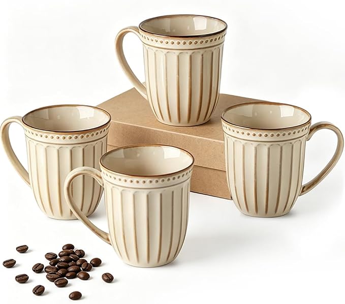 HASENSE Textured Coffee Mugs Set of 4, 16 Oz Ribbed Ceramic Cups with Large Handle for Latte Tea Cappuccino, Stackable Embossed Mugs for Everyday Use, Microwave & Dishwasher Safe, Creamy Beige by Hasense