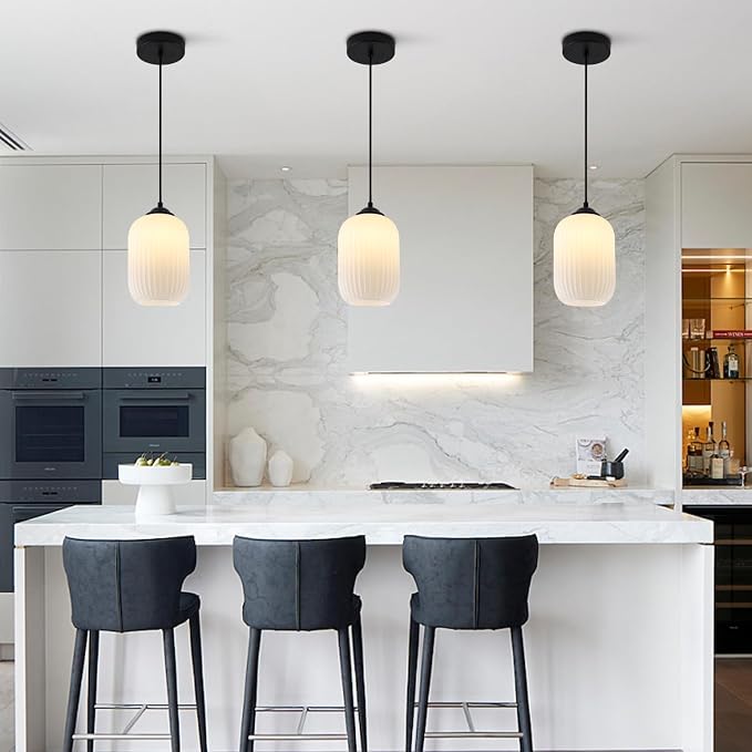 KCO Farmhouse Black Small 5.5” Ribbed Cylinder White Glass Pendant Light | Adjustable Cord E26 Hardwired Hanging Lamp Mid Century Modern Vintage Hanging Light for Kitchen Island Bedroom Dining Room - Image 6