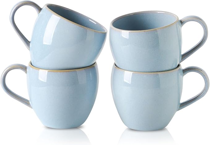 Coffee Mugs Set of 4, Stoneware 16 Oz Coffee Mugs for Cappuccino Latte Cocoa and Tea, Ceramic Coffee Cups with Handle,Sky Bule Mugs for Housewarming Gifts, Microwave and Dishwasher Safe by Tikooere