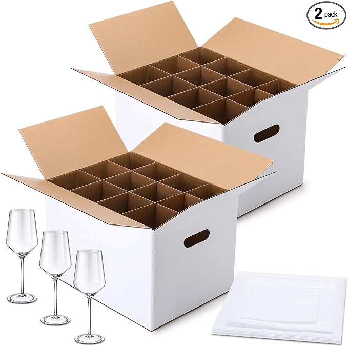 MotiMind 2 Sets Wine Glass Moving Boxes with Divider Kits Kitchen Moving Boxes 15 x 12 x 10 Inches Glassware Packing Box with 18 Foam Pouches for Glasses Packing Supplies by MotiMind