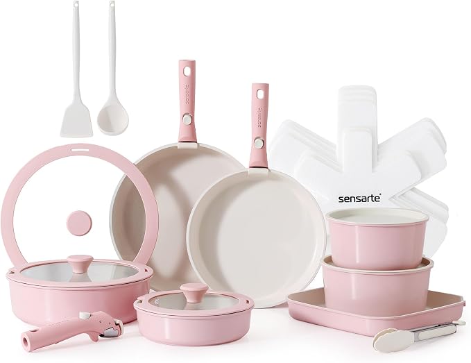 SENSARTE 24 Piece Ceramic Detachable Handle Pots and Pans Set Pink | Ceramic Cookware Set, Induction Cookware Set with Removable Handle, Healthy Non Stick for RV, Dishwasher ＆ Oven Safe by SENSARTE