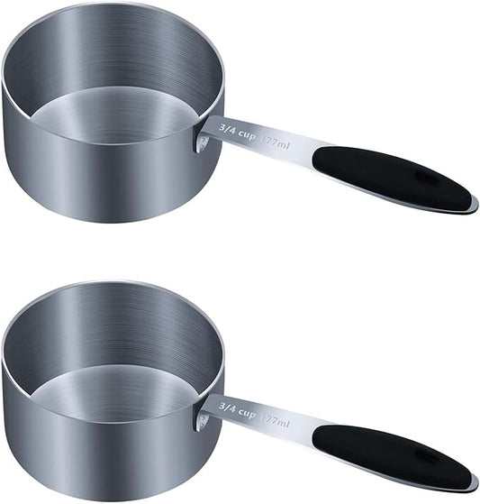 2PCS 3/4Cup (177ml, 6oz) Single Measuring Cup with Black Silicone Grip, Stainless Steel Individual Measure Scoop Only