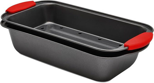 PERLLI Nonstick Meatloaf Pan with Drip Tray Insert – High-Carbon Steel Bakeware with Silicone Grips – Ideal for Baking Bread, Cake, and Roasting Meat in the Oven - 2-Piece Set